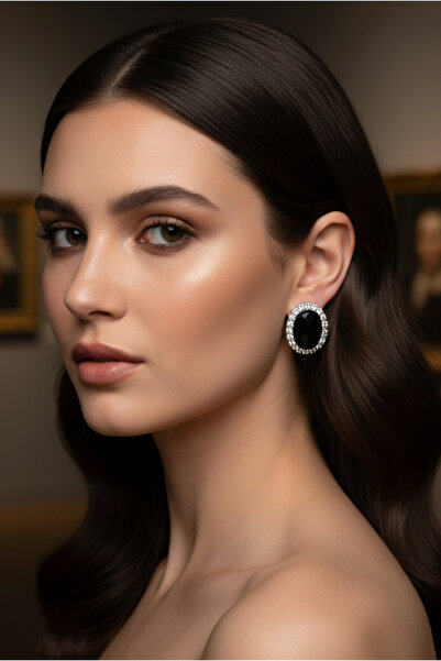 Happyline Siyah Taşlı Büyük Küpe Choker Tasma Gümüş Kaplama Kına Küpe Abiye K...