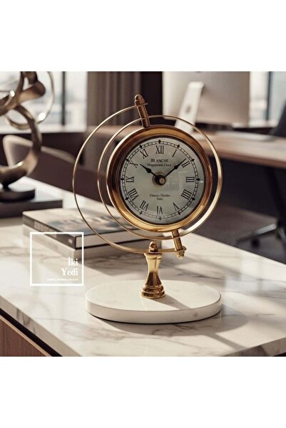 İki Yedi Konsept Rowan Cam Küreli Mermer Kaideli Gold Altın Lüks Masa Saati M...