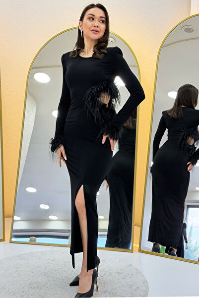 zks grup tekstil Μαύρο φόρεμα με ραφές στη μέση και σκίσιμο, μήκους μίντι