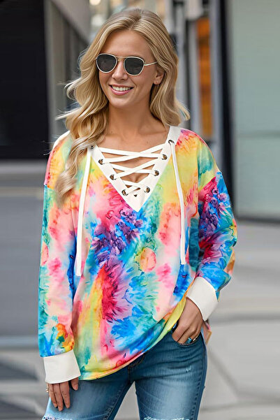 dorbe fashionable women's tie-dye lace-up long sleeves soft breathable tunic top