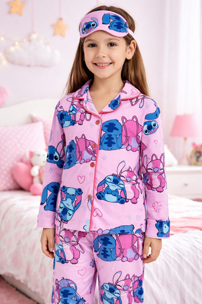 Pijjama's Kız Çocuk Stitch Pijama Takımı Pembe Desenli Uzun Kollu Düğmeli Alt...