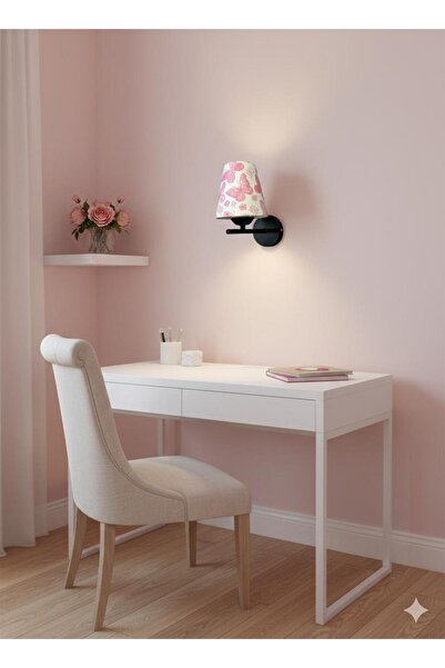 BİAVİZE Pink Butterfly Girl Themed Black Chrome Wall Sconce