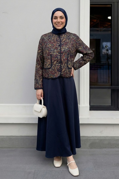 InStyle Ethnic Pattern Jacket Skirt Navy Blue Set