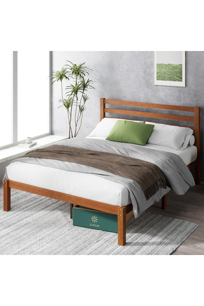 Zinus سرير ليا من الخيزران، مقاس كينج، بإطار ولوح أمامي خشبي شرائحي، بدون قاع...