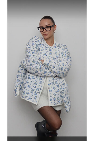 SPICA STORE Çiçek Desenli Oversıze Çanta Hediyeli Kapitone Mont