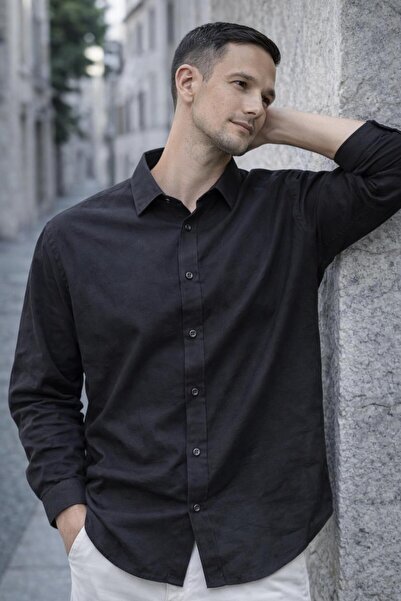 Valiberta Faulkner Modal Fabric Collared Long Sleeve Summer Men's Shirt - Black