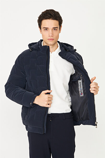White Stone Navy Blue Hooded Coat
