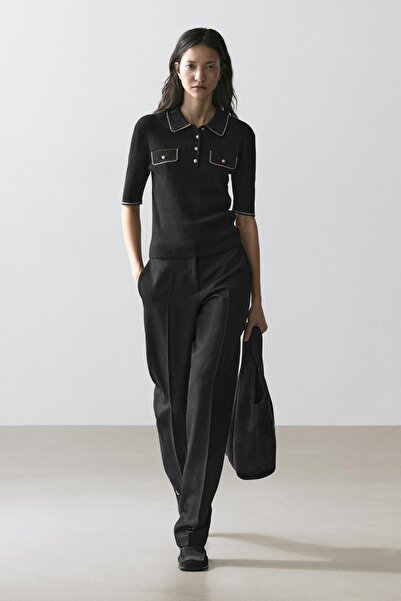 Massimo Dutti Pamuklu kontrast detaylı triko polo yaka t-shirt