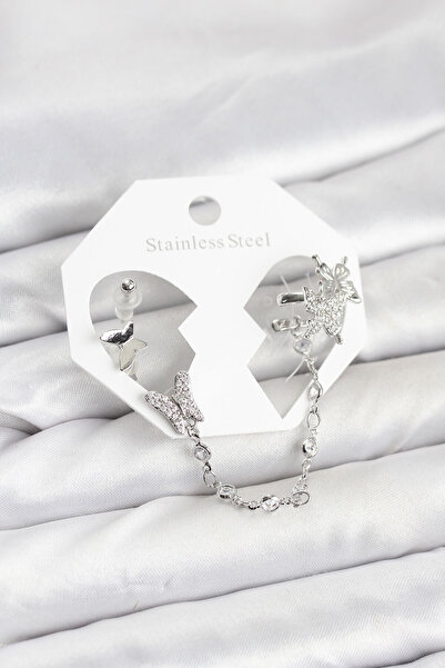 STİLLOVE Brass Silver Color Butterfly Model Chain Linked Ear Cuff Earring Set