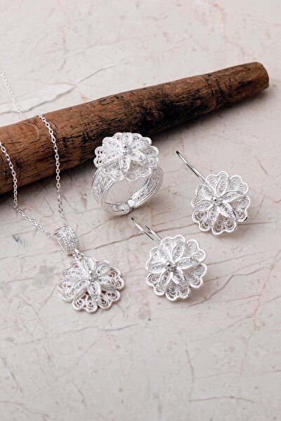 Sümer Telkari Telkari İşlemeli Elişi Papatya 925 Ayar Gümüş Set 2861