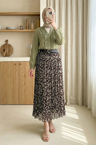 MODAQU Lined Floral Patterned Belted Chiffon Skirt - Khaki