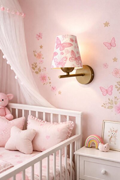 BİAVİZE Pink Butterfly Baby Girl-Children's Room Gold Chromed Wall Sconce