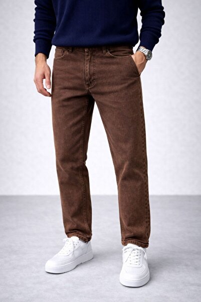 oraystore Men's Washed Brown Boyfriend Fit Jean Pants