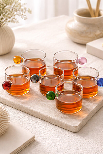 DİVAYS Renkli Boncuk Kulplu Kahve Yanı Bardağı 6’lı Set 100 ml Cam Espresso F...