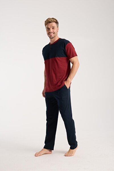 Akbeniz Men's Burgundy Button Collar Short Sleeve Pajama Set