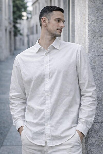 Valiberta Faulkner Modal Fabric Collared Long Sleeve Summer Men's Shirt - Ecru