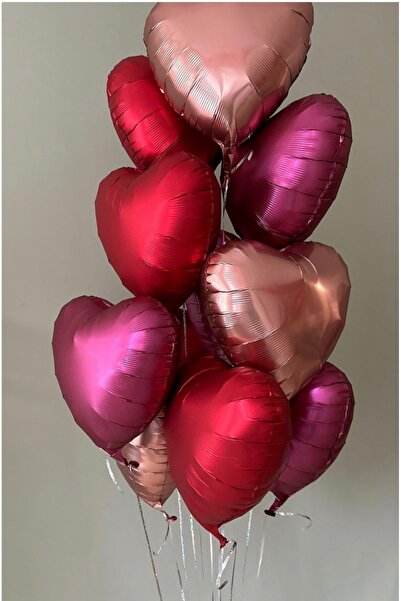Çemrek Süs Parti 18 Inch Fuchsia Red Rose Heart Foil Balloon 10 Pcs Helium Co...