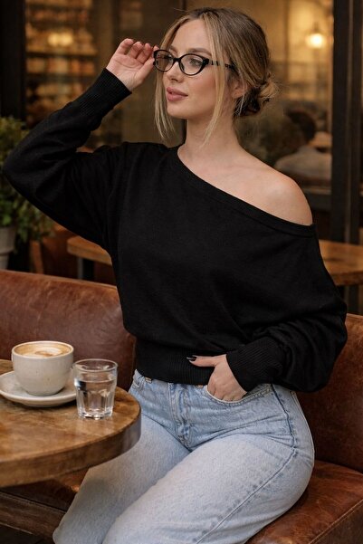 STF MODA Women's Popular Asymmetrical Boat Neck Knitwear Sweater