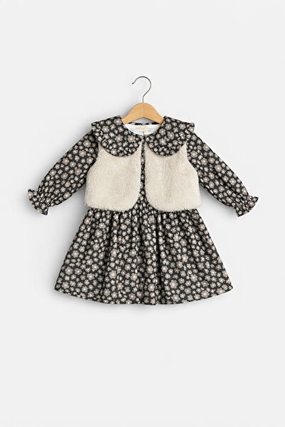 Gocoland Vintage Floral Patterned Fur Vest Dress