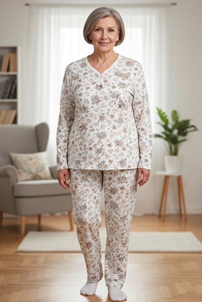 Niket Life Women's Patterned Piping Collar Long Sleeve Long Length Combed Cot...