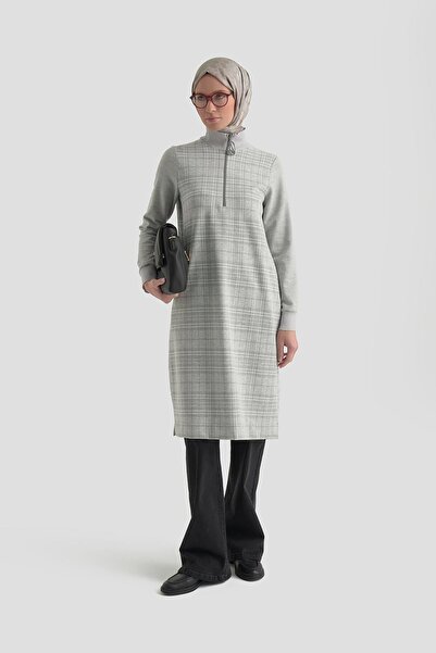 Armine TREND Kolları Ribanalı Yarım Fermuarlı Cepli Dik Yaka Tunik Gri 25KT464