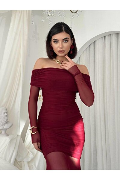 MODA DURAĞI RİSE STRAPLEZ ELBİSE Bordo