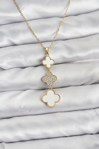 STİLLOVE 316L Steel Chain Gold Color Clover Detailed Zircon Stone Women's Nec...