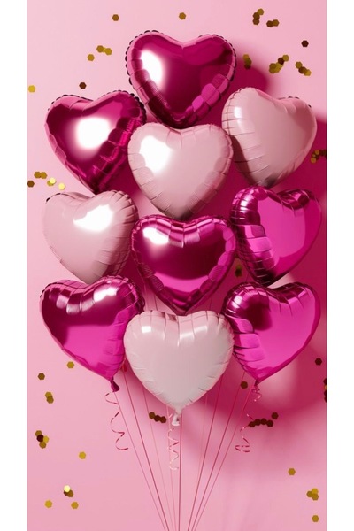 Çemrek Süs Parti 18 Inch Fuchsia Powder Pink Heart Foil Balloon 10 Pcs Helium...