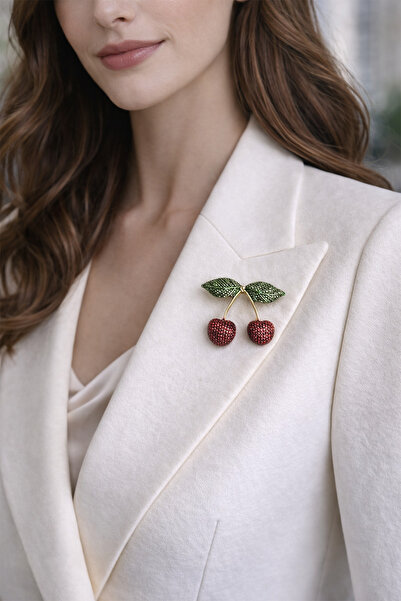 Modex Altın sarısı Yeşil Yaprak Detay Kiraz Broş (4cm)