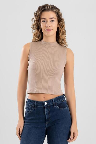 BAYKAR Γυναικείο βαμβακερό λύκρα με ψηλό λαιμό και μηδενικό μανίκι, ριμπ κορπ...