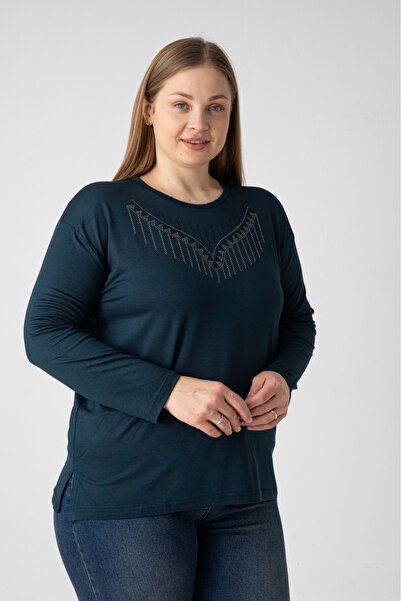 Orly More Viscose Fabric Mini Slit Stone Detailed Plus Size Long Sleeve Combe...