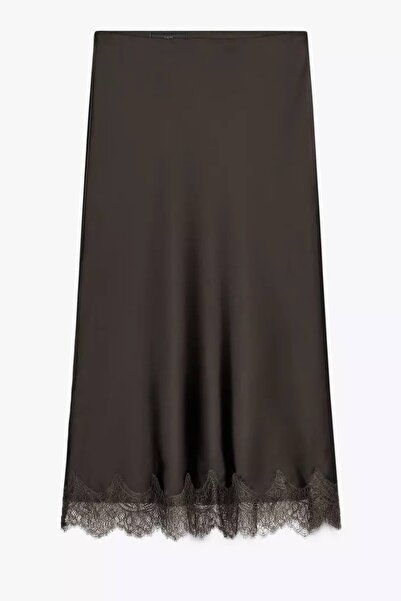 Ded COLLECTION Women's Lace Detailed Long Satin Skirt with Elastic Waistband