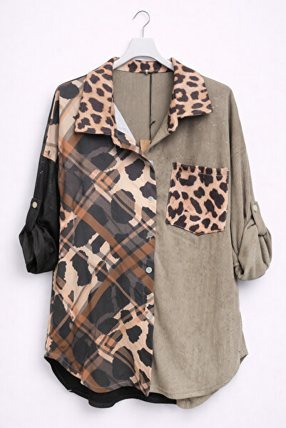 günay boutıque Leopard Garnished, Detailed Design Oversized Shirt – Mink