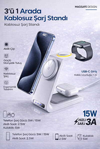 3ın1 Led Işıklı Kablosuz Şarj Cihaz Stand MageSafe Uyumlu Iphone Android Uyumlu 15W Hızlı Şarj