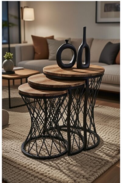 Teknor Hasır Telli Model Statik Zigon Sehpa Koyu Ahşap Tabla