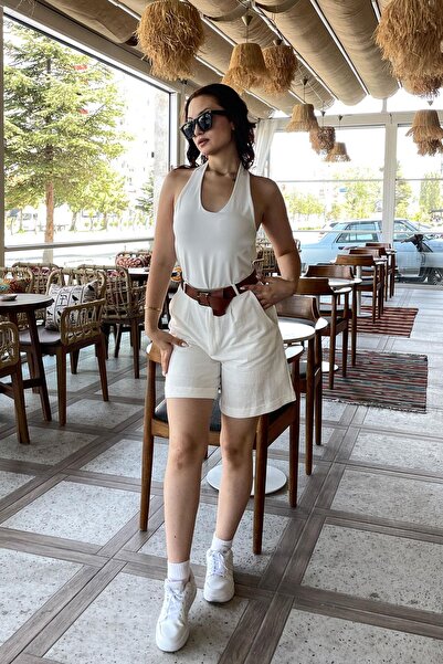 Noa&Noa Leather Belted Linen Shorts-Ecru Ecru