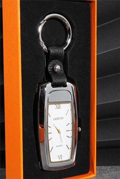 Saatistan Gümüş Renk Saatli Anahtarlık USB Şarjlı Çakmak, Pratik ve Şık Tasarım