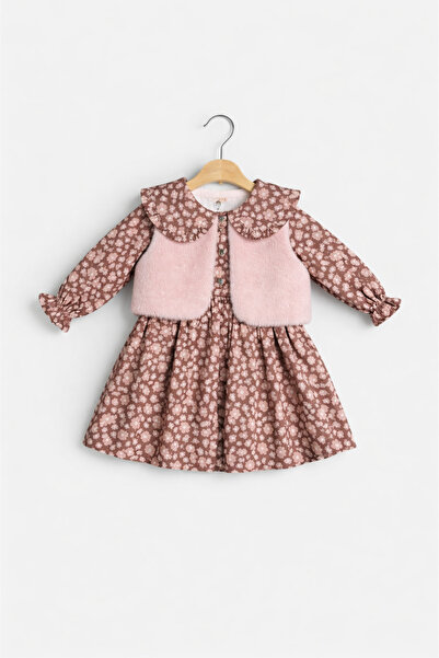 Gocoland Βίντατζ φόρεμα με γούνινο γιλέκο και φλοράλ σχέδια