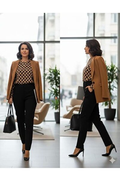 DİĞER1111 Günay Kadın Bluz Lnst5685 Yuvarlak Yaka Geometrik Desen