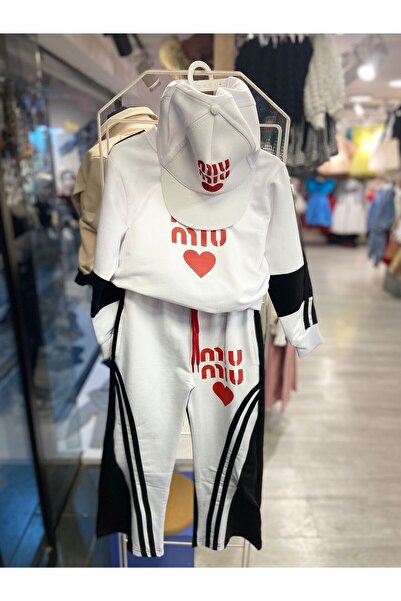 KOKOŞ BEBEK Girl's White-Black Tracksuit Set – Heart Detail, Hat Accessory In...