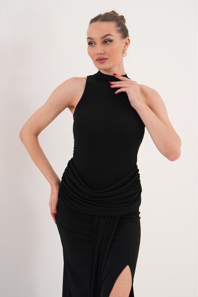 MILANOFOX Women's Halter Neck Sleeveless Draped Waist Detailed Deep Slit Long...