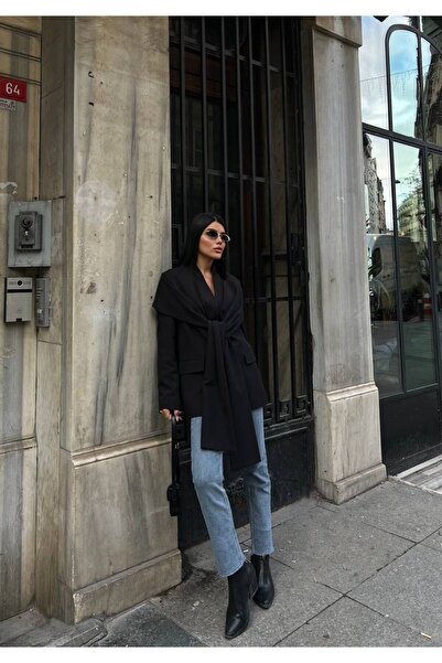 D'RECCY Jachetă blazer dublu petrecut pentru femei, cu accesorii tip șal