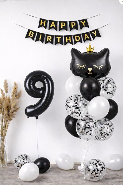 Patladı Gitti 9 Year Old Cat Themed Birthday Balloon Set – Black Concept