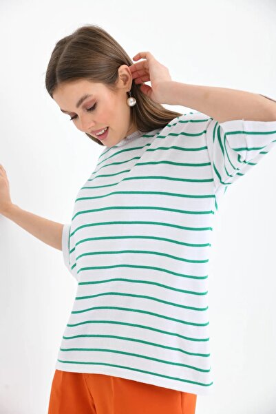 Park Karon Women's Polo Collar Short Sleeve Striped Knitwear Sweater 10052.Ctn