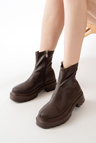 Zerenyus حذاء نسائي يومي من Exİn-236-2011 بلون بني فاخر وقابل للتمدد مع سحاب