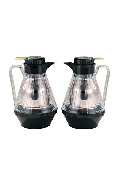 Generic Set of 2 dark black tea and coffee thermoses with a transparent finis...