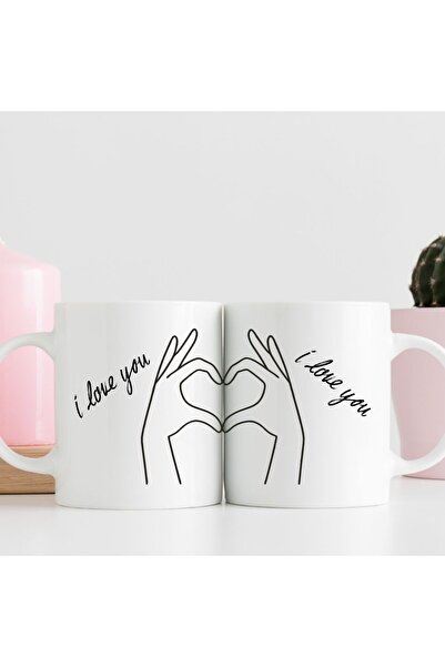 kubdekor I Love You Written Heart to Finger Printed Double-Printed Mug Cup Sp...