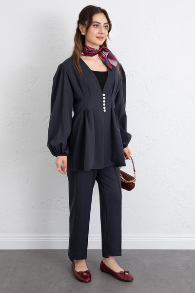 Salih Çelebi V-Neck Pleated Detail Set 0077 - Dark Blue