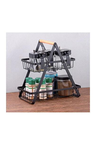 Lumi LUXURY Black Metal Shelf with 2 Levels and Wooden Handle 30x18x32cm