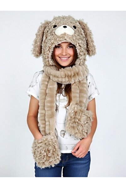 Prahar Birleşik atkı şapka peluş kürk görünümlü kulaklıklı köpek figürü